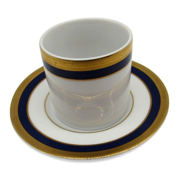 LA VAISSELLERIE Fine PORCELAIN Espresso Cup Saucer Gold Blue Navy Vaiselle Vinta - Picture 5 of 12